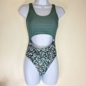 Girls Green Floral Cutout Swimsuit
